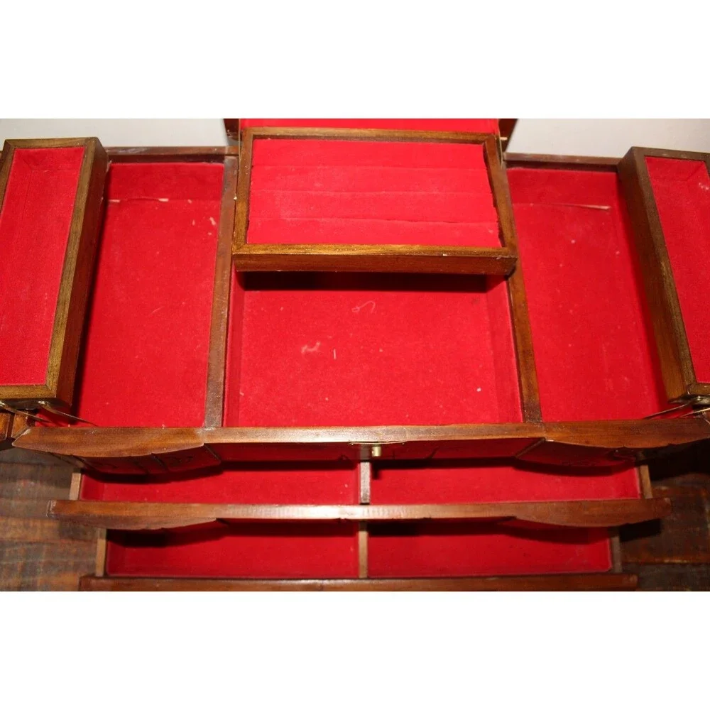 Vintage Asian Wood Carved Large Jewelry Box Dragon Red Velvet Lining SEE NOTE